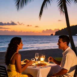 Caribbean Holidays, February Honeymoons, Cuban honeymoon couple dining outdoors at a candlelit table beside the sea, with tropical food and a sunset horizon