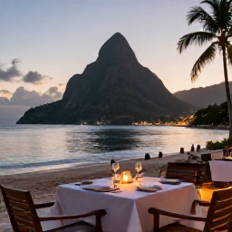 Caribbean Holidays, February Honeymoons, Elegant beachfront restaurant in Saint Lucia at sunset, table for two with candles, tropical coastline and soft evening light