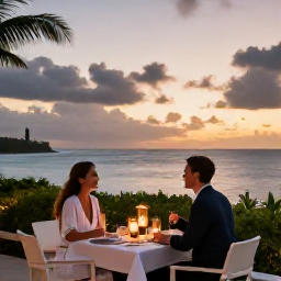 Caribbean Holidays, February Honeymoons, Elegant beachfront restaurant on Saint Kitts at sunset, honeymoon couple dining outdoors with candles and Caribbean sea view