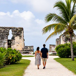 Caribbean Holidays, February Honeymoons, Elegant honeymoon couple exploring a quiet tropical path and historic stone ruins on Grand Turk, Turks and Caicos Islands