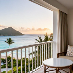 Caribbean Holidays, February Honeymoons, Elegant honeymoon suite balcony overlooking a Caribbean beach in the US Virgin Islands, soft morning light, tropical setting