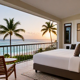 Caribbean Holidays, February Honeymoons, Elegant honeymoon suite balcony overlooking a tropical Caribbean beach at sunset in Tobago