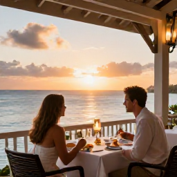 Caribbean Holidays, February Honeymoons, Elegant seaside restaurant in Martinique at sunset, couple dining at a table overlooking the Caribbean Sea