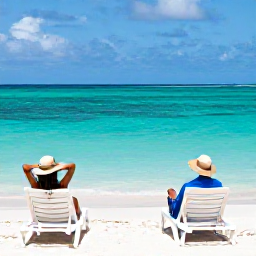 Caribbean Holidays, February Honeymoons, Grace Bay Beach in February with a honeymoon couple relaxing on sun loungers beside clear shallow turquoise water