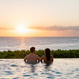 Caribbean Holidays, February Honeymoons, Happy honeymoon couple relaxing at a Cura&ccedil;ao resort pool overlooking the Caribbean Sea at sunset