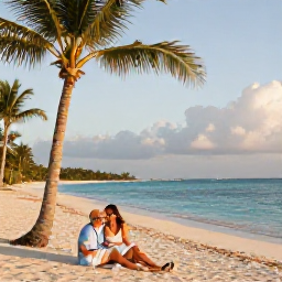 Caribbean Holidays, February Honeymoons, Happy newlywed couple relaxing on a peaceful Turks and Caicos beach in warm February sunshine, palm trees and turquoise sea