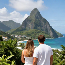 Caribbean Holidays, February Honeymoons, Honeymoon couple admiring the Pitons from a viewpoint in Saint Lucia, lush green hills and blue Caribbean water