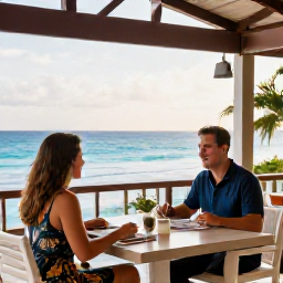 Caribbean Holidays, February Honeymoons, Honeymoon couple dining at an elegant open-air restaurant overlooking the Caribbean Sea in Tobago
