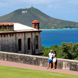 Caribbean Holidays, February Honeymoons, Honeymoon couple exploring historic Brimstone Hill Fortress on Saint Kitts with tropical hills and blue sea in the background