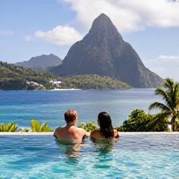 Caribbean Holidays, February Honeymoons, Luxury honeymoon couple relaxing beside an infinity pool overlooking the Pitons and Caribbean Sea in Saint Lucia
