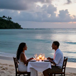 Caribbean Holidays, February Honeymoons, Newlywed couple enjoying a private candlelit dinner beside the sea in Jamaica