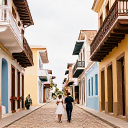 Caribbean Holidays, February Honeymoons, Newlywed couple exploring colourful colonial street in Santo Domingo, historic buildings, balconies and lively Dominican atmosphere