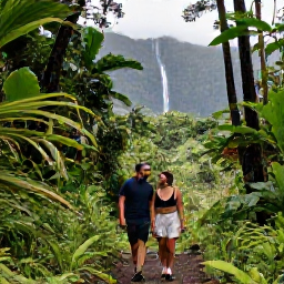 Caribbean Holidays, February Honeymoons, Newlywed couple hiking through lush Martinique rainforest near a waterfall, tropical foliage and mountain scenery
