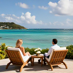 Caribbean Holidays, February Honeymoons, Newlywed couple relaxing on a stylish Saint Barth&eacute;lemy hotel terrace overlooking the Caribbean Sea