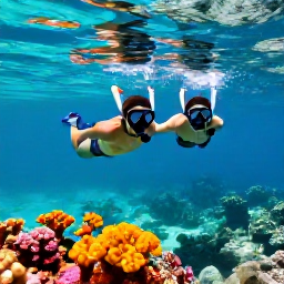 Caribbean Holidays, February Honeymoons, Newlywed couple snorkelling in clear turquoise Caribbean water above a colourful tropical reef