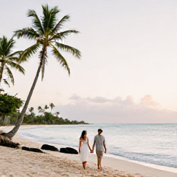 Caribbean Holidays, February Honeymoons, Newlywed couple walking hand in hand along a quiet Martinique beach at sunrise, palm trees and calm turquoise sea