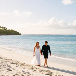 Caribbean Holidays, February Honeymoons, Newlywed couple walking hand in hand along a quiet white-sand beach in St Thomas, warm February sunshine, turquoise Caribbean sea