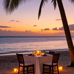 Caribbean Holidays, February Honeymoons, Romantic beachfront dinner for two at sunset in the Dominican Republic, elegant table, candles, palm trees and calm Caribbean sea