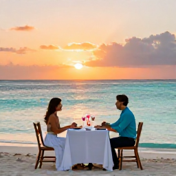 Caribbean Holidays, February Honeymoons, Romantic beachfront dinner for two at sunset on a Caribbean island, with candles and calm turquoise sea