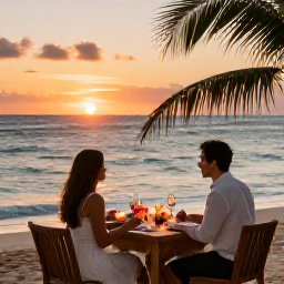 Caribbean Holidays, February Honeymoons, Romantic beachfront dinner for two with candles, tropical flowers and a sunset over the Caribbean Sea