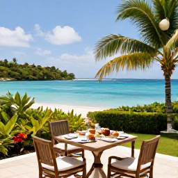Caribbean Holidays, February Honeymoons, Romantic beachfront hotel terrace in Guadeloupe with breakfast for two, turquoise water and lush tropical gardens
