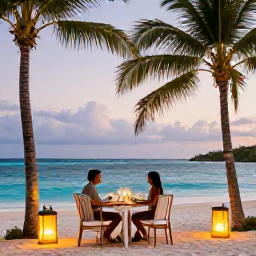 Caribbean Holidays, February Honeymoons, Romantic beachfront resort in The Bahamas with a couple enjoying a quiet dinner beside the sea, palm trees and glowing lanterns