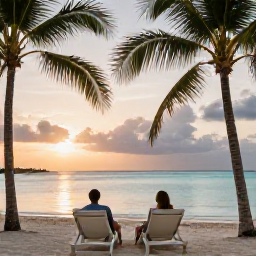 Caribbean Holidays, February Honeymoons, Romantic beachfront resort in The Bahamas with palm trees, sun loungers and a couple watching the sunset over calm turquoise water