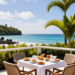 Caribbean Holidays, February Honeymoons, Romantic boutique hotel terrace overlooking the Caribbean Sea on Nevis, breakfast for two and tropical greenery