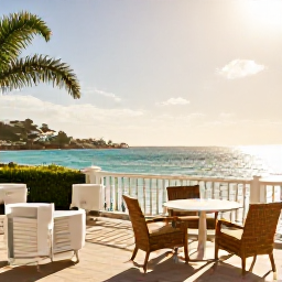 Caribbean Holidays, February Honeymoons, Romantic boutique hotel terrace overlooking the Caribbean Sea on Saint Martin in warm February sunshine