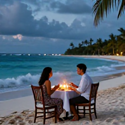 Caribbean Holidays, February Honeymoons, Romantic candlelit dinner for two on a Caribbean beach, gentle waves, tropical evening and discreet resort setting