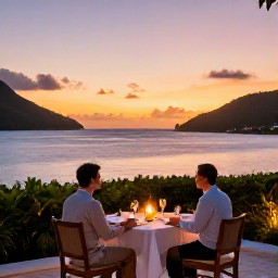 Caribbean Holidays, February Honeymoons, Romantic candlelit dinner for two on a Caribbean terrace overlooking a calm bay in the British Virgin Islands at sunset