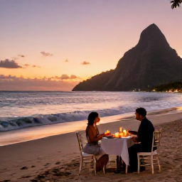 Caribbean Holidays, February Honeymoons, Romantic candlelit dinner for two on a Saint Lucia beach at sunset, with gentle waves and tropical surroundings