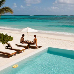 Caribbean Holidays, February Honeymoons, Romantic Caribbean resort with private plunge pool, white sand beach, loungers and a couple enjoying breakfast beside the sea