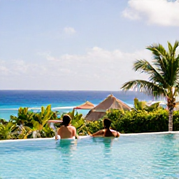 Caribbean Holidays, February Honeymoons, Romantic couple relaxing beside an infinity pool at a stylish Caribbean hotel in Saint Martin, with ocean view and tropical greenery