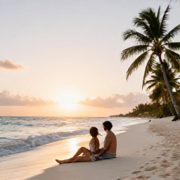 Caribbean Holidays, February Honeymoons, Romantic couple relaxing on a quiet white-sand beach at sunset on Providenciales, Turks and Caicos, with gentle waves and palm trees