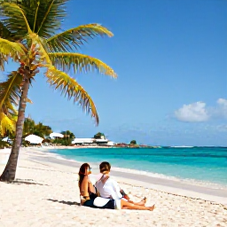 Caribbean Holidays, February Honeymoons, Romantic couple relaxing on white sand beside turquoise water with palm trees on Saint Martin
