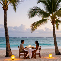 Caribbean Holidays, February Honeymoons, Romantic dinner for two beside a Caribbean beach on Saint Kitts, lanterns, local food and palm trees