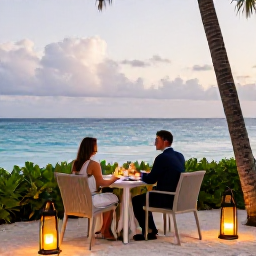 Caribbean Holidays, February Honeymoons, Romantic outdoor dinner for two at a stylish beachfront restaurant in Providenciales, Turks and Caicos, with lanterns and the sea beyond