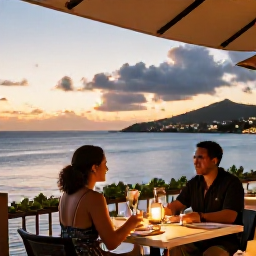 Caribbean Holidays, February Honeymoons, Romantic outdoor restaurant in Saint Barth&eacute;lemy with a couple dining at sunset beside the sea