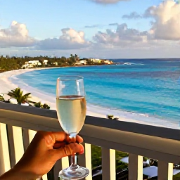 Caribbean Holidays, February Honeymoons, Romantic resort balcony overlooking a turquoise Caribbean bay at golden hour, with two glasses of sparkling wine