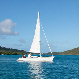 Caribbean Holidays, February Honeymoons, Romantic sailing boat cruising between green British Virgin Islands with a newlywed couple, blue sea, clear sky and distant hills