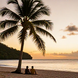 Caribbean Holidays, February Honeymoons, Romantic Saint Lucia beach at dusk with couple sitting beneath palm trees, warm tropical sky and calm waves