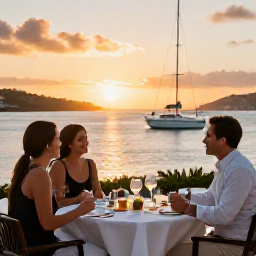 Caribbean Holidays, February Honeymoons, Romantic sunset dinner for two at a waterfront restaurant in Tortola, British Virgin Islands, with yachts in the bay