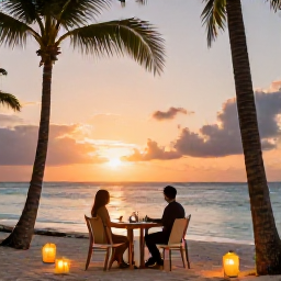 Caribbean Holidays, February Honeymoons, Romantic sunset dinner for two on a Caribbean beach, with palm trees, lanterns and the sea in the background