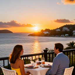 Caribbean Holidays, February Honeymoons, Romantic sunset dinner for two on a terrace overlooking Charlotte Amalie harbour, St Thomas, Caribbean evening light