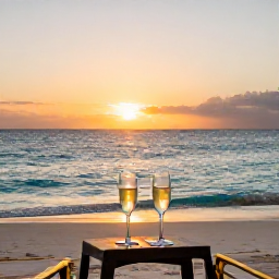 Caribbean Holidays, February Honeymoons, Romantic sunset over a secluded Bahamian beach with two glasses of sparkling wine on a small table, calm turquoise sea