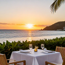 Caribbean Holidays, February Honeymoons, Romantic table for two at a waterfront restaurant in Grand Case, Saint Martin, with sunset sea views and Caribbean cuisine