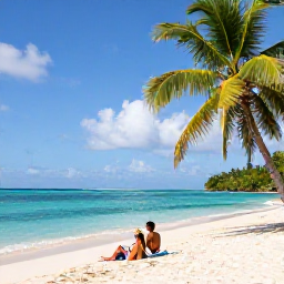 Caribbean Holidays, February Honeymoons, Secluded sandy beach with turquoise sea, palm trees and a honeymoon couple relaxing in Tobago