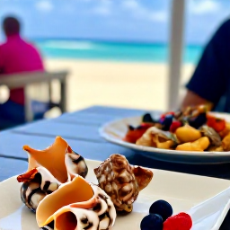 Caribbean Holidays, February Hotspots, A candid photograph of colourful conch shells and a local seafood dish at a waterfront restaurant in Turks and Caicos, with the sea in the background