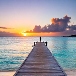 Caribbean Holidays, February Hotspots, A colourful photograph of a wooden jetty stretching into calm turquoise water at Leeward Beach, Providenciales, with a person watching the sunset